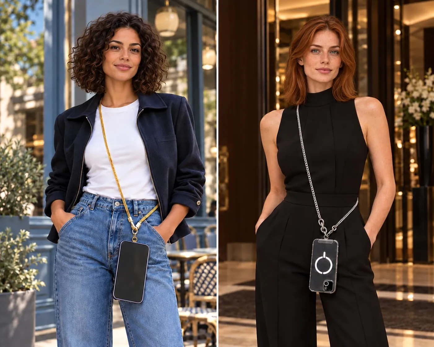 Dos mujeres llevando el móvil cruzado con cadenas para móvil, una dorada con chaqueta azul y vaqueros y otra plateada con mono negro